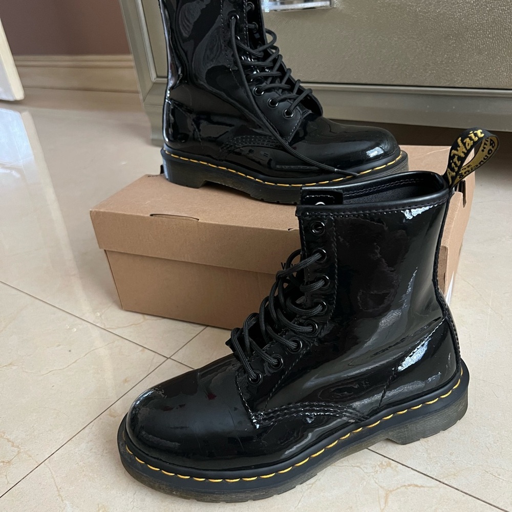 Dr. Martens Black Combat Boots with Glossy Finish